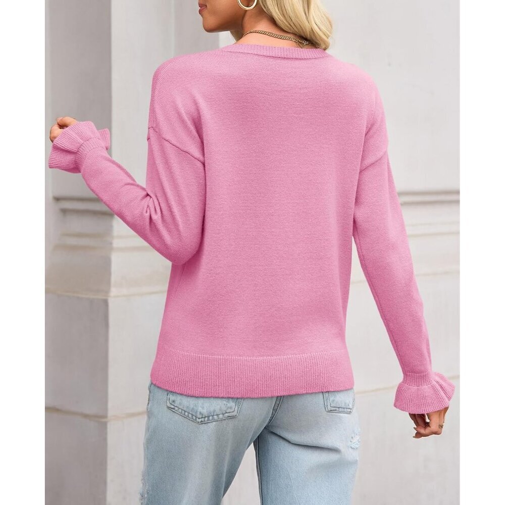Womens Fall Lightweight Knit Crew Neck Sweater Ruffle Long Sleeve Casual Top - Picture 6 of 6